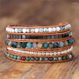 Charm Bracelets YueTong Beaded Wrap Bracelet Boho Natural Stones Leather Cord Weaving Statement Yoga Jewellery Gifts Drop