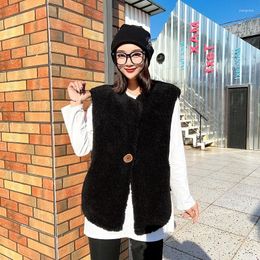 Women's Vests Fashion Office Ladies Real Fur Vest Tank Top Single Button Sleeveless Wool Jacket O-Neck Casual Autumn Winter Women Waistcoat