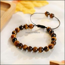 Beaded 8Mm Tiger Eye Stone Beads Bracelet Adjustable Braided Rope Bangles Natural Lava Rock Men Women Yoga Healing Nce Bracelets Dro Otfre