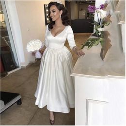 V Neck Short Wedding Dress 3/4 Long Sleeve White /Ivory Satin A-line Ankle Length Bride Gowns Backless Beach Wedding Gown