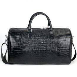 Male Genuine Leather Travel Bag Large Crocodile pattern Big Fitness Handbag Luggage Drums Shoulder Business computer Bags Black Me253l