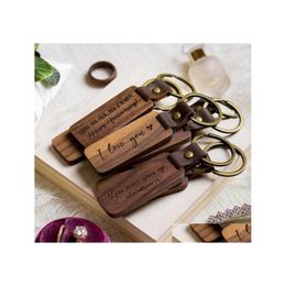 Keychains Lanyards Personalised Leather Keychain Pendant Beech Wood Carving Lage Decoration Key Ring Diy Fathers Day Gift Drop Del Otboa