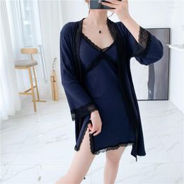 Women's Sleepwear Autumn Winter Pure Cotton Pyjama Female Day Fastens Lacy Sexy Halterneck Nightgown Two Sets Long-Sleeved Night Dress