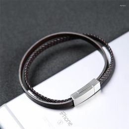 Charm Bracelets Yisheng Punk Men Jewellery Black/Brown Braided Leather Bracelet Stainless Steel Magnetic Clasp Fashion Bangles Gift 21/20cm