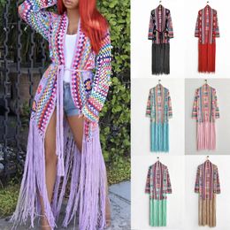 Handmade Crochet Women's Swimwear Bikini Boho Fringed Kimono Sexy Hollow Out Self Belted Bikini Wrap Dress Women Beachwear Swimsuit Cover Up