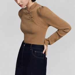 Women's Sweaters Women Mandarin Collar Chinese Knit Jumper With Puff Sleeve