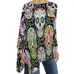 Women's T Shirts Colorful Skeleton T-Shirt Mexican Sugar Skull Y2K Long-Sleeve T-Shirts Female Street Style Tshirt Oversized Pattern Top