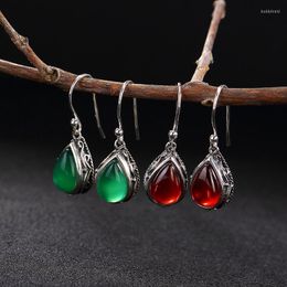 Dangle Earrings S925 Silver Hollow Mosaic Pattern Thai Retro Green Chalcedony Wholesale High-grade Red Pomegranate
