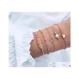 Charm Bracelets Bohemian 5Pcs/Set Leaves Heart Love Lotus Pearl Bracelet Chain Woven Mtilayer Set Women Fashion Gold Jewellery Wholesa Otjlt