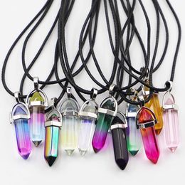 Rainbow Glass Hexagonal Column Point Leather Cord Necklace Pendant Cylindrical Charms Minerals Healing Crystal Jewelry