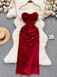 Casual Dresses YuooMuoo Sexy Strapless High Split Long Party Dress Women Elegant Red Black Waist Velvet Vestidos