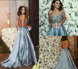 Sexy Backless 2023 Prom Dresses A Line Spaghetti Straps Sequins Beaded Satin Custom Made Ruched Evening Party Gowns Vestidos Formal Ocn Wear