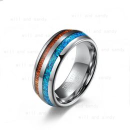 Stripe Tungsten Steel Inlay Wood Ring Band Opal Shell Ring for Men Women Hip Hop Fashion Fine Jewelry Will and Sandy