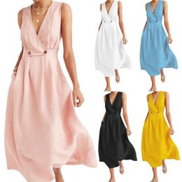 Casual Dresses Plus Size Fashion Summer Women Clothing Solid Colour V Neck Sleeveless Lady Loose Party A-Line Long Dress Vestidos