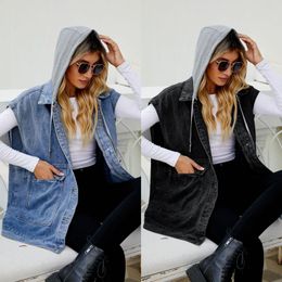 Women's Vests 2023 Ladies Denim Shirts Sleeveless Waistcoat Women's Vest With Hooded Fashion Casual Jacket Pocket Loose Cowboy