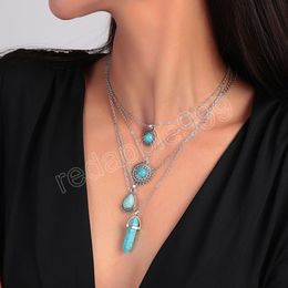 Boho Water Drop Green Stone Geometric Multi-layer Necklaces For Women Tassel Retro Wind Sweater Chain Necklace Collar Jewellery