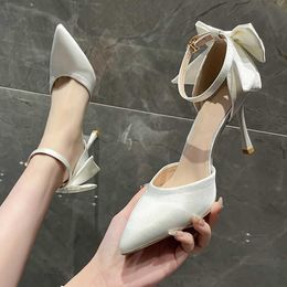 Dress Shoes White Elegant Bowknot Thin Heels Pumps Women Pointed Toe Ankle Strap Wedding Party Woman Silk Super High Bride 221213