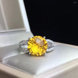 Cluster Rings Attractive Yellow Citrine Ring For Women Fine Jewelry Round Natural Gem Certified 925 Sterling Silver Bright Color Boy Gift