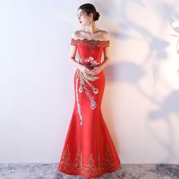 Ethnic Clothing Red Bride Cheongsam Long Modern Qipao Sexy Chinese Oriental Style Embroider Dresses Traditional Wedding Dress Women Fashion