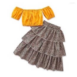 Clothing Sets Summer Girl Set Mustard T-shirt Cake Skirt Floral Print Cotton Children Kids Clothes