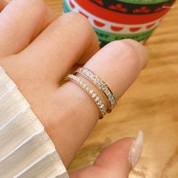 Cluster Rings Trendy Fine 14k Real Gold Double Layer Opening For Women Adjustable Design High Jewelry Bling Zircon Anniversary Party