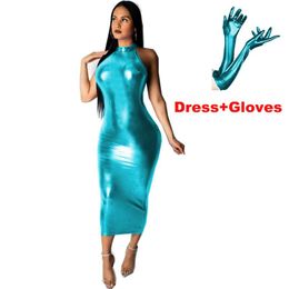 Casual Dresses Plus Size Faux Leather Shiny Metallic Long Dress Sexy Women Sleeveless Pencil With Gloves Novelty Nightclub Party Vestido