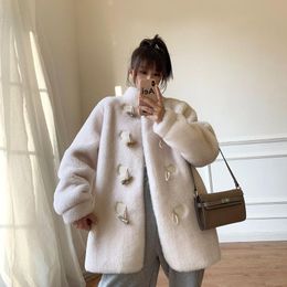 Women's Fur & Faux Women Real Wool Jacket Winter Casual Mid-Long Sheep Coats Female Korean Solid Color Loose Shearling Outwear D351