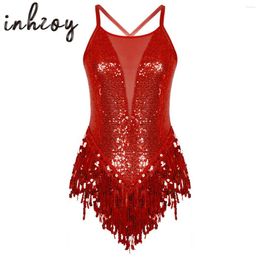 Stage Wear Womens Sparkly Tassel Bodysuit Sequins Gymnastics Ballet Dance Leotard Fringed Jumpsuits Latin Jazz Performance Costume