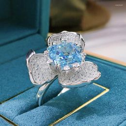 Cluster Rings 925 Sterling Silver Ring Luxury 10 10mm Aqual Blue Redian High Carbon Diamond For Women Sparkling Wedding Jewellery