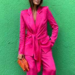 Women's Suits VONDA 2022 Autumn Coats Women Casual Long Sleeve Pleated Suit Blazer Solid Color Pockets Ladies Loose Outerwear Tie Up