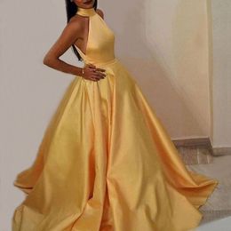 Yellow Satin Prom Party Evening Dresses Vestido De Noiva Sereia Robe De Soiree Vestido Novia Playa Formal Halter Neck