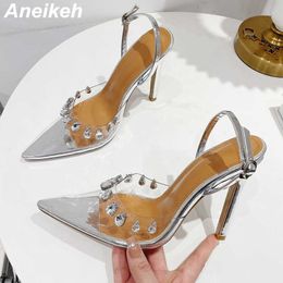 Dress Shoes Aneikeh 2023 Fashion Glitter Rhinestones Women Pumps Crystal PVC Pointed Toe Buckle Strap Thin High Heels Party Prom 221213