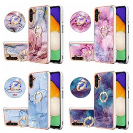 Marble Soft IMD TPU Cases For Samsung A03S 165.8MM USA 166 A13 4G A23 A73 A33 A53 5G A22 A32 A52 A12 360 Metal Finger Ring Holder Anti-Fall Chromed Stone Granite Bling Covers