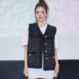 Women's Vests Early Autumn Women Vest Top 2022 Runway Designer V Neck Oversized Tweed Plaid Loose Sleeveless Jacket Coat Outwear