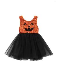 Girl Dresses Toddler Baby Halloween Dress Sleeveless Crewneck Sequin Pumpkin Tulle Tutu Skirt Princess Party Outift