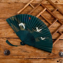 22cm Chinese Style Retro Green White Crane Folding Fan Daily Portable Dance Cheongsam Fan Perform Props Gift Favor MJ1279