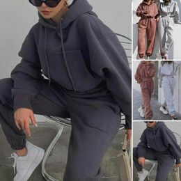 Running Sets Women 2 Piece Fall Spring Solid Sportswear Long Sleeve Cropped Hoodies Jogger Pants Plus Size Female Tracksuits