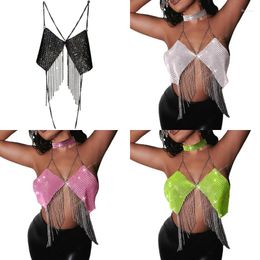 Women's Tanks Glitter Rhinestone Tassel Halter Choker Bikini Bra Body Chain Sexy Backless Jewelry Crystals Camis Crop Top Clubwear