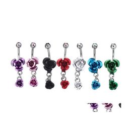 Navel Bell Button Rings Stainless Steel Hypoallergenic Belly Crystal Rose Flower Body Piercing Bar Jewlery For Women Bikini Fashio Otf5Q