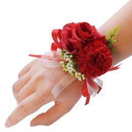 Decorative Flowers Wedding Wrist Flower Rose Girls Bride Bridesmaid Silk Ribbon Corsage Hand Wristband Bracelet For Outdoor Activities