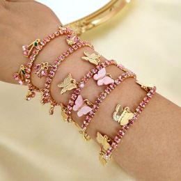 Link Bracelets Flatfoosie Bling Cherry Butterfly Crystal Charm For Women Pink Crown Rhinestone Chain Bangles 2022 Trendy Jewelry