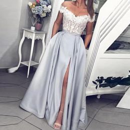 Z ramion długiej wieczornej sukienki koronkowa w stylu vintage ukochana formalna suknia z kieszeniami High Slit Sukienki dla kobiet