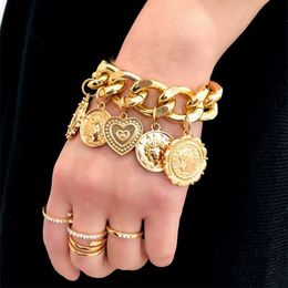 bangle bracelet link chains fashion Jewellery Simple Wide hollow chain retro coin queen head bracelets personality relief Jewellery