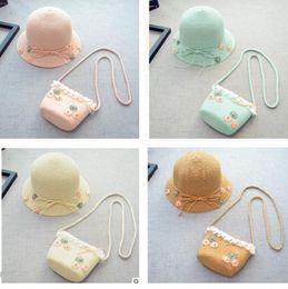 Hats Summer Girls Straw Plaited Sun Visor Caps Shoulder Bag Sets Weaved Kids Princess Child Cute Floral Beach Hat