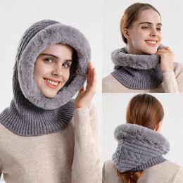 Berets 2-in-1 Winter Fur Cap Scarf Set Hooded For Women Knitted Cashmere Neck Warm Outdoor Ski Windproof Hat Thick Plush Fluffy Beanies