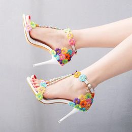 Sandals 9cm High Heel Bridesmaid Shoes Wedding Word Buckle With Ethnic Style Colorful Lace Women's Roman Women