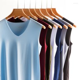 Men's Tank Tops Ice Silk Seamless Men's Vest Top V-neck Solid Sleeveless Men T Shirts Sport Fitness Undershirt Casual Breathable Thin