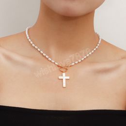 Simple Handmade White Simulated Pearl Beads Cross Pendant Necklace Fashion Women Trendy Choker Jewellery for Women