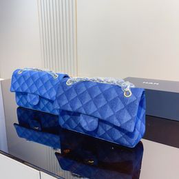 Original Kette Umhängetaschen Designer Tasche Luxus Damen Rautenform Umhängetasche Wollgürtel Gold Logo - Blau 25cm