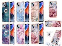 Metal Finger Ring Holder Marble Anti-Fall Cases For Iphone 14 Pro Max Plus 13 12 11 SE 2022 8 7 Soft IMD TPU Chromed Rock Stone Granite 2.0MM Shockproof Phone Covers